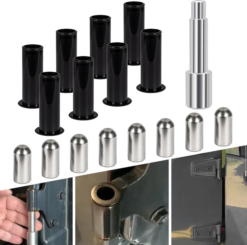 V-SEK Door Pin Guides + Door Hinge Liners + Door Bushing Removal Tool Compatible with Jeep Wrangler JK JKU JL JLU Sports Sahara Freedom Unlimited Gladiator 2/4-Door 2007-2024 Stainless Steel (17 PCS) - Image 1
